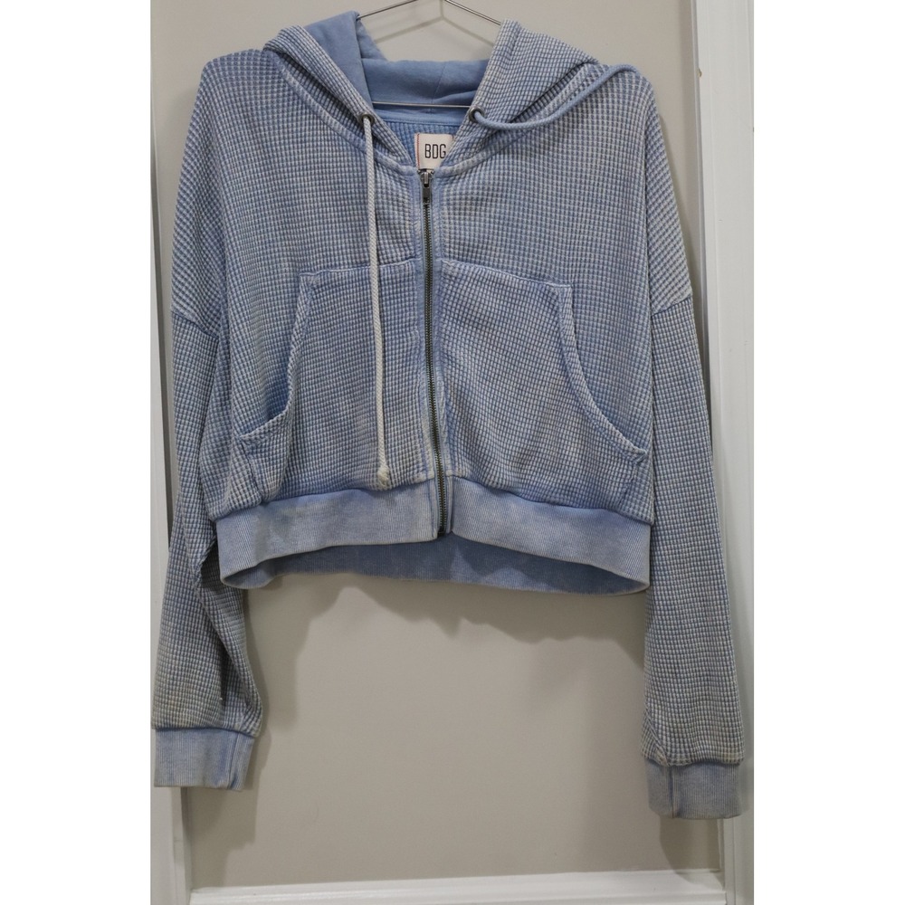 BDG Urban Outfitters Blue Waffle Knit Cropped Zip Up Hoodie Sweatshirt Small